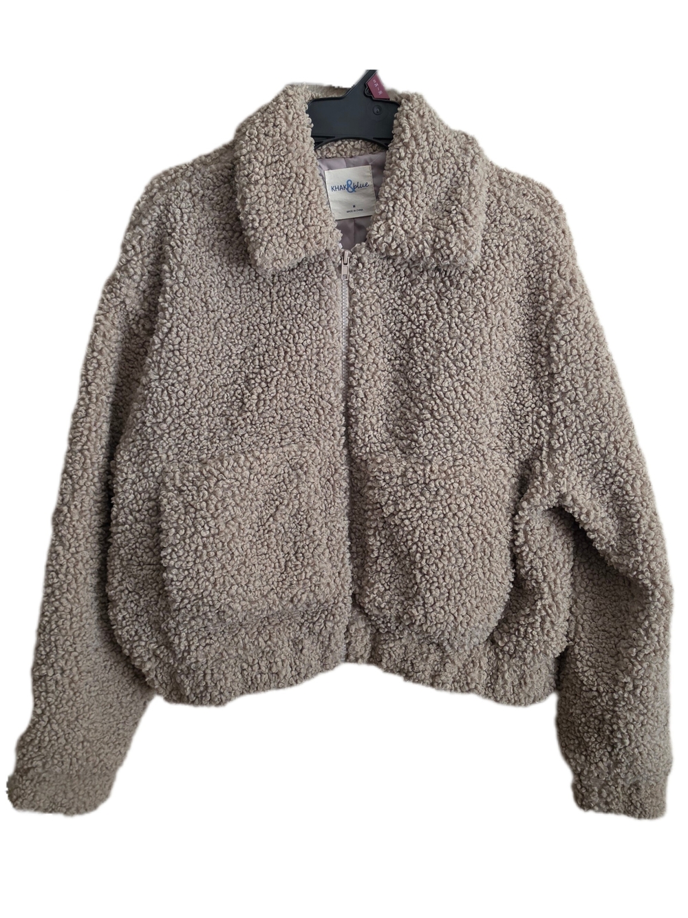 Khaki & Blue Beige Taupe Sherpa Teddy Zip Jacket